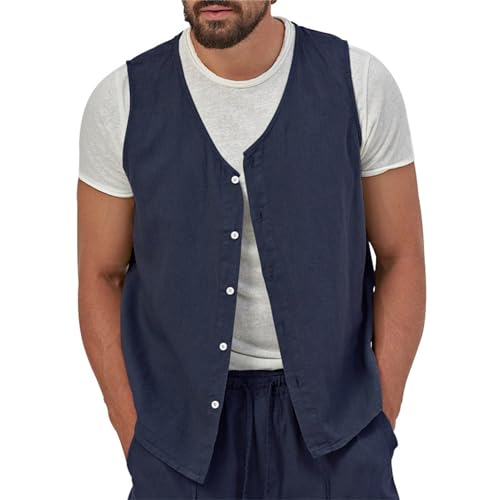 Vest for Men Casual Linen Waistcoat Button Down Sleeveless Thin Vest Beach Cardigan Outdoor Casual Tops Business Suit