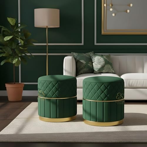 Image of Set of 2 Round Velvet Ottoman Footstool Gold Base - Tufted Upholstered Pouffe Stool for Living Room, Bedroom & Dressing Area (Green)