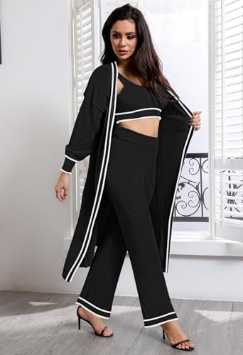 Image of Fixmatti Women's Fuzzy 3 Piece Sweatsuit Open Front Cardigan Crop Tank Tops Wide Legs Pants Lounge Sets