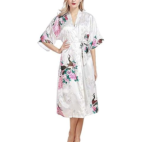 Forall-Ms Plus Size Dressing Gown,Womens Peacock and Blossoms Robes Satin Sleepwear Housewear Kimono Bathrobe Bridal Sleepwear Wedding Pajamas,White-XXXL Cover