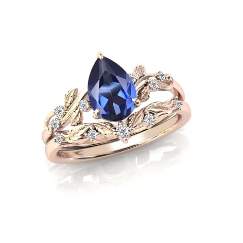 Gemstone Engagement Rings Set for Women Pear Shaped Gemstone Ring Set Leaf Art Deco Ring Set 10K 14K 18K White Yellow Rose Gold Vintage Vine Gemstone Wedding Ring Sets Anniversary Promise Ring3