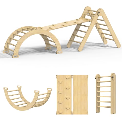 CMFYDAILY Pikler Triangle Set 7 in 1 Foldable Climbing Toys Set for Kids Baby Jungle Gym with Ramp & Arch Wooden Montessori Climbing Set Indoor for Toddler (Natural)