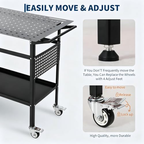 Image of 36x24in Welding Table 800LBS Mobile Workbench with 4 Wheels & Fixed Base | Movable Steel Work Bench with Side Pegboard, Hooks, Storage Tray, for Garage Workshop, Welding, Assembly and Repair