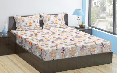 Image of Trance Home Linen 180TC 100% Cotton Printed Zippered Duvet /Blanket /Quilt | Comforter Cover /Razai Cover | Queen Size with 2 Pillow Covers (90 x 102 Inch Textured Leaves Peach)
