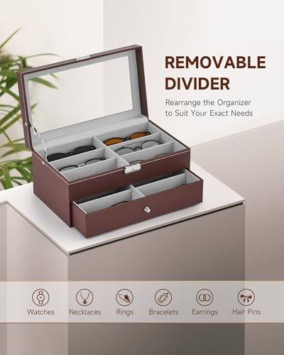 Image of CO-Z Sunglasses Organizer with 12 Slots, Leather Eyeglasses Storage Box for Women Men, 2 Story Lockable Display Case for Multiple Glasses, Sunglasses Jewelry Collection Holder with Drawer, Brown