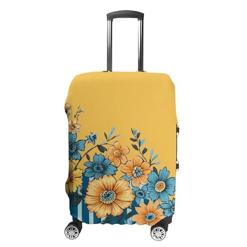 Yellow And Blue Floral Elastic Luggage Cover Suitcase Protector for 19-32 Inch Suitcases | Universal Stretchable Travel Bag Cover | Anti-Scratch, Washable with Zipper Closure M