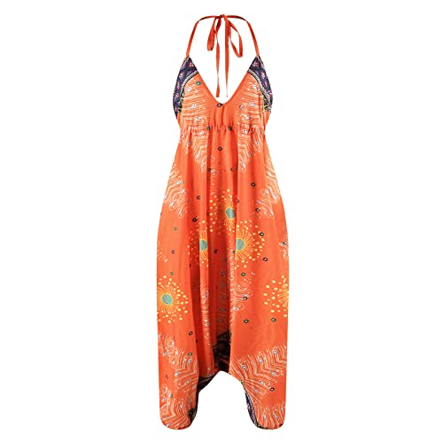 Nuofengkudu Women's Harem Trousers Sleeveless Backless Deep V Neck Ethnic Print Loose Fit Jumpsuit, Orange, One Size