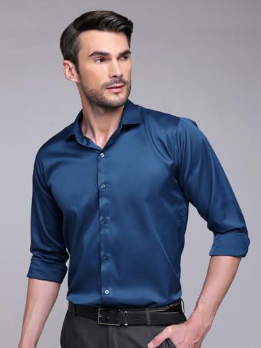 Image of IndoPrimo Men's Satin Shirt with Spread Collar Neck Line Solid Pattern Full Sleeves Regular Fit Western Style and Standard Length