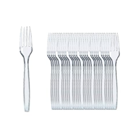 TYEQWT 100 Pcs Reusable Clear Plastic Forks, Plastic Cutlery of Strong Heavy Duty, Reusable for Indoor & Out Door Activities, for Birthday, Party, Catering, Wedding, BBQ's and Food Services Cover