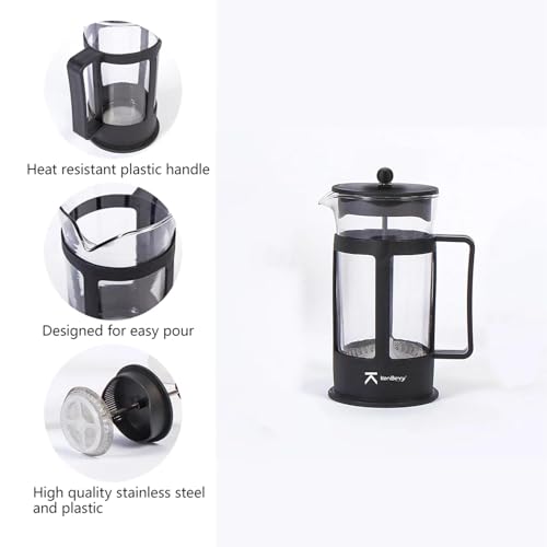 Image of KenBerry French Press Coffee & Tea Maker Borosilicate Glass with sleeves Carafe | BPA-Free Plastic Lid | 4-Level Filtration with Stainless Steel Plunger with Mesh | Compact & Durable, 600 ML