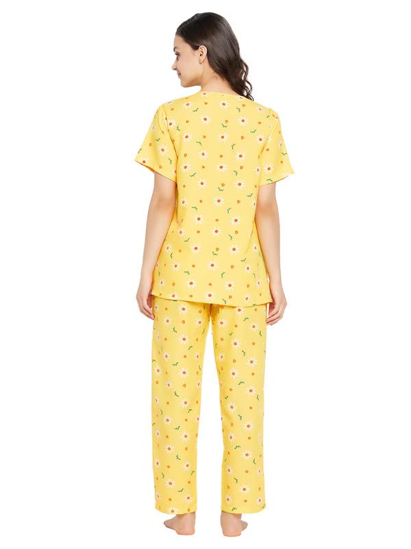 Image of Clovia Women's Rayon Rayon Feeding Print Me Pretty Layered Top & Pyjama In Yellow