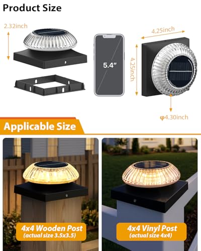 Solar Post Cap Lights for 4x4 & 3.5x3.5 Posts, IP55 Waterproof Deck Lights Solar Powered, 3 Color Modes Fence Caps for Wood Vinyl Mailbox Railing Patio — view 4