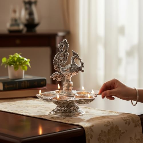 Image of Traditional Silver-Plated Peacock Pooja Thali, 5-Compartment Diya Stand with Ornate Design