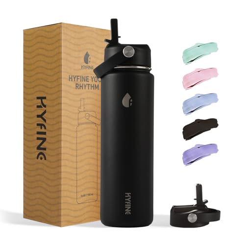 HYFINE ThermoProof Double-Walled Vacuum Insulated Stainless Steel Water Bottle - Wide Mouth Canteen, Straw Lids, Dishwasher Safe, Reusable, Leakproof, Hot & Cold for Men, Women - 24oz (black)