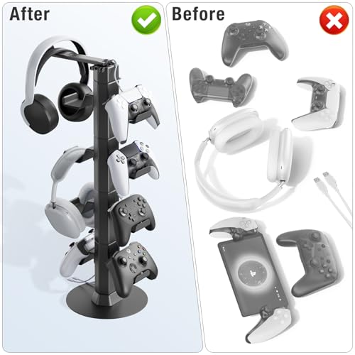 Stojak na kontroler do gier i zestaw słuchawkowy na biurko, z organizerem na kabel ładowarki, stojak na słuchawki do PS5/Xbox/PS4/Switch, metalowy hak kontrolera do przechowywania, z obrotowym