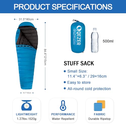 Qezer QDM-260BLUE-US Ultralight Down Sleeping Bag thumb #1