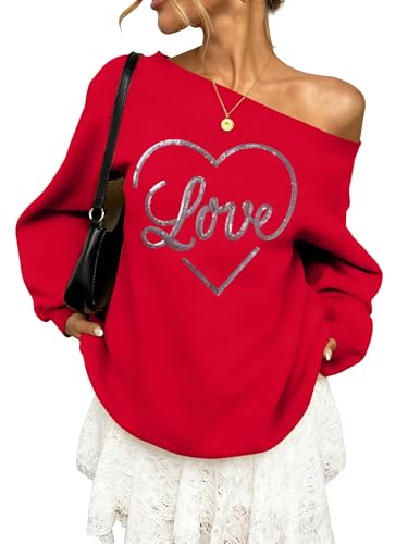 BANGELY Valentines Off Shoulder Sweatshirt Women Love Heart Long Sleeve Shirt Casual Oversized Sweatshirts Fashion Sequin Top Red