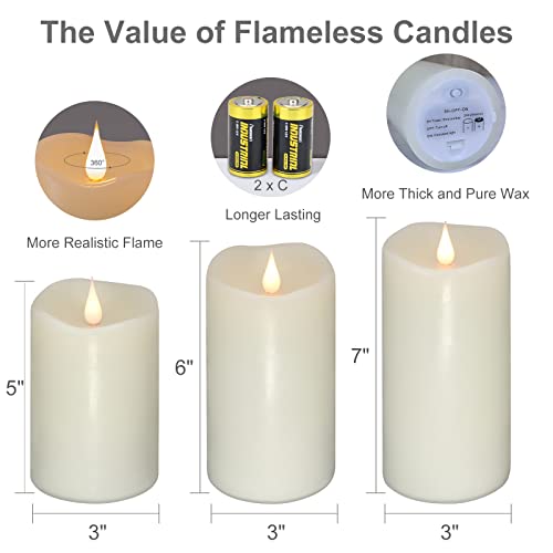 Image of TECHLONG Flickering Flameless Candles with 3D Moving Flame Set of 3(H 5 inch 6 inch 7 inch x D 3 inch), Last 1000+ Hours Battery Operated Candles with Remote Timer, Ivory Real Wax Electric LED Pillar Candles