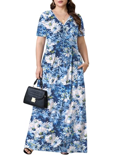 Image of PEVRL Plus Size Summer Maxi Dress for Curvy Women with Pockets 1X-5X | Short Sleeve, Twisted Front V-Neck, Summer Casual A Line Flowy Dress, Empire Waist Floral Print Beach Vacation Long Dress