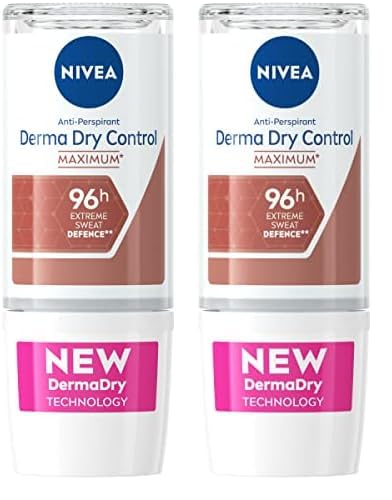 NIVEA Derma Dry Control Antiperspirant 96h Deodorant Roll-On (50 ML), Women’s' Deodorant with Extreme Sweat and Odour Defence and Skin Protection (Pack of 2)