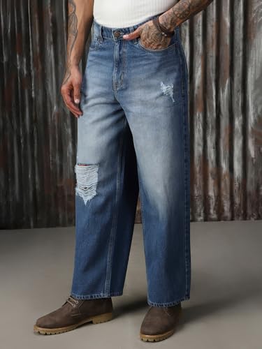 Image of High Star Men Cotton Washed Loose Fit Casual Mid-Rise Jeans