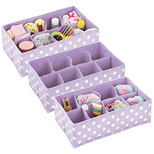 Image of mDesign Fabric 8-Section Divider Drawer Organizer Bin for Baby Nursery Dresser, Closet, Changing Table Organization, Hold Clothes, Toys, Diapers, Bib, Blanket - 3 Pack, Light Purple/White Polka Dot