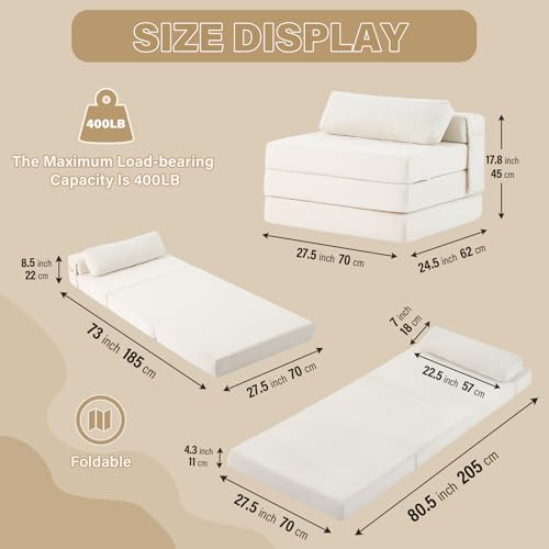 Image of Tiita Folding Sofa Bed Chair, 4-Fold Convertible Sleeper Chair with Lumbar Pillow, Washable Cover & Side Pocket, Floor Couch Bed with Raised Seat, Single Size for Small Spaces, Beige