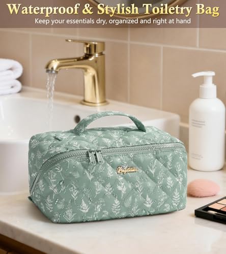 Image of Travel Makeup Bag, Large Capacity Puffy Toiletry & Cosmetic Bag for Women | 3 PCS Open Flat Quilted Makeup Cosmetic Organizer, Waterproof w /Clear Divider Portable Pouch for Skincare Travel Essentials