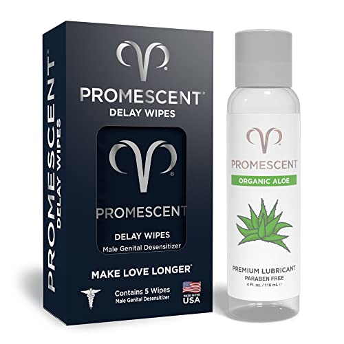 Promescent Delay Wipes Sexual Enhancer for Men to Last Longer in Bed + Premium Organic Aloe Based 4 Ounce Lube for Women, Men & Couples, Last Longer and Add Comfort, Condom Compatible, Paraben Free