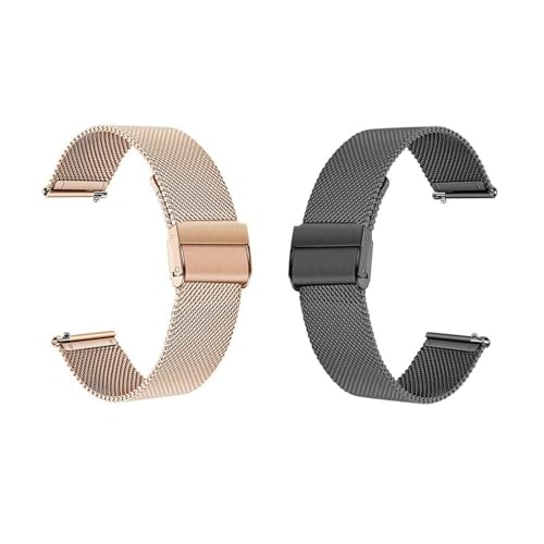 GEZHUCAO Smartwatch Bands 2Pack, 10 12 14 16 17 18 19 20 21 22MM Milanese Stainless Steel Mesh Double Locking Foldover Clasp Quick Release for Men and Women(Black+Rose Gold,22MM)