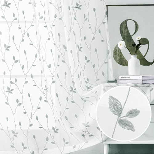 WUBODTI Grey Leaf Embroidered Sheer Curtain 63 Inch Length 2 Panels for Small Windows, Rod Pocket Grey and White Light Filtering Faux Linen Leaves Patterned Curtains for Bedroom Living Room - image 1