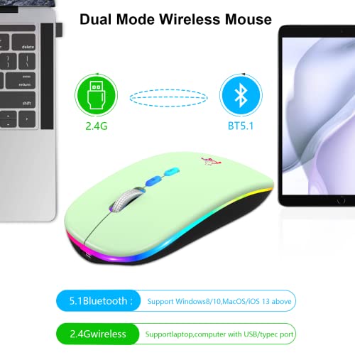 Hotlife Wireless Mouse Led Slim Rechargeable Bluetooth Mouse, Ergonomic Design Noiseless Mouse Portable Optical Mouse Silent Click Cordless Mouse With Usb Receiver And Type C Adapter (Green) #TOP3