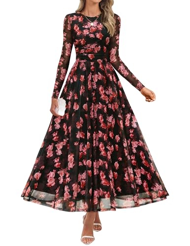 ZESICA Women's Maxi Dress 2025 Fall Long Sleeve Crewneck Floral Print Mesh Ruched Party Wedding Guest Dresses Pink Black Medium
