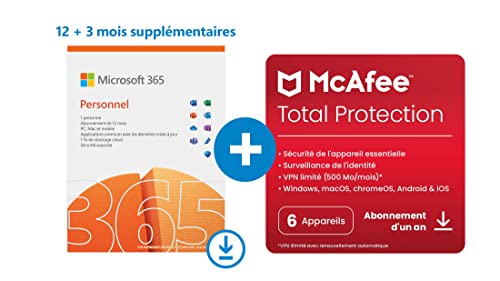 Microsoft 365 Personnel | Office 365 apps | PC/Mac/Tablet and Phone | 12+3 Mois + McAfee 2022 Total Protection | 6 appareils | 1 An | PC/Mac/Smartphones - Code d'activation - envoi par email