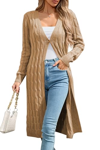 Cakulo Womens Long Cardigans Cable Knit Chunky Cardigan Sweaters Trendy Open Front Fall Sweater Coats 2025 Brown M