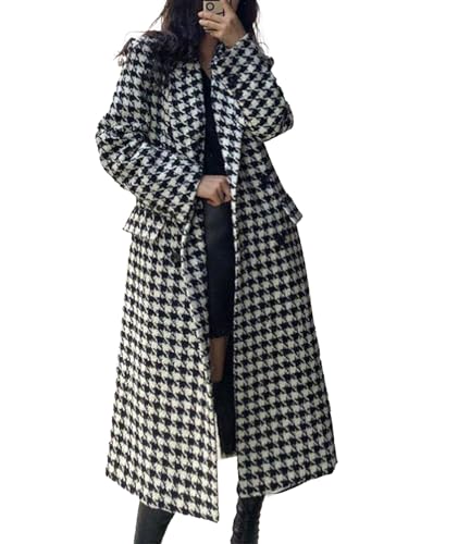 SOMTHRON Women's Houndstooth Trench Coat Notch Lapel Double Breasted Quilted Lined Long Jacket Overcoat Pea Coat