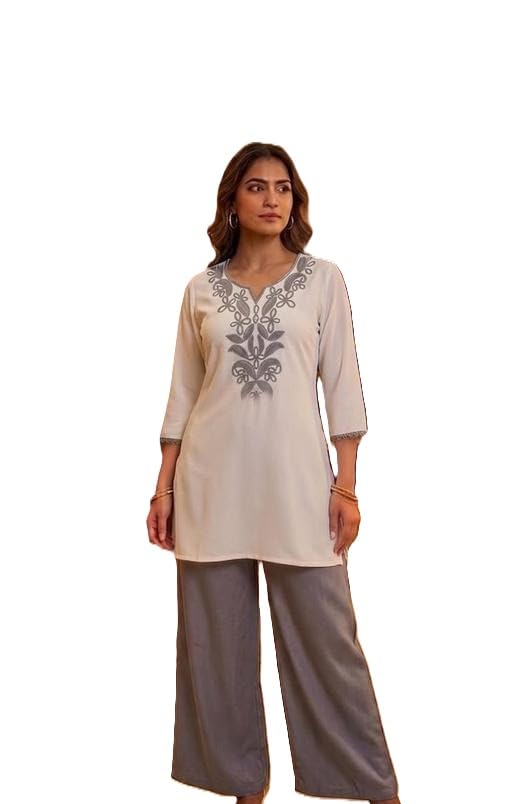 Women Embroidered Rayon Kurti With Printed Palazzo Set | A Line Ethnic Outfit For Women | Aari Work Kurta Set-picture-32