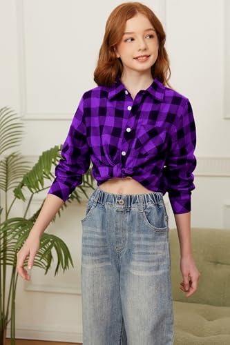 Image of SANGTREE Women and Girls Long Sleeve Flannel Casual Button Down Plaid Shirt