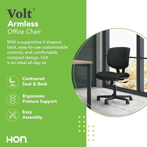 Image of HON Volt Armless Ergonomic Office Chair Adjustable Center-Tilt ReclineRolling Swivel Chair - Black Fabric + OFM Office Chair Mat for Carpeted Floors (36 inch x 48 inch)
