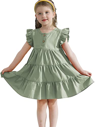 Toddler Baby Girl Cotton Linen Dress Ruffle Sleeve Vintage Button Casual Party Dresses (Green,3-4T) #TOP5