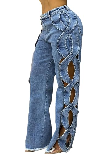 Women High Waisted Jeans Y2k Trendy Sexy Hollow Out Wide Straight Leg Cutout Baggy Jeans