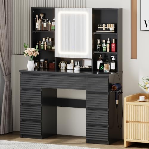 JUMMICO Coiffeuse Blanche Moderne avec Miroir LED 3 Modes d’Éclairage, 7 Tiroirs de Rangement, Support Caché pour Colliers, Ports USB/Type-C et Étagères Réglables