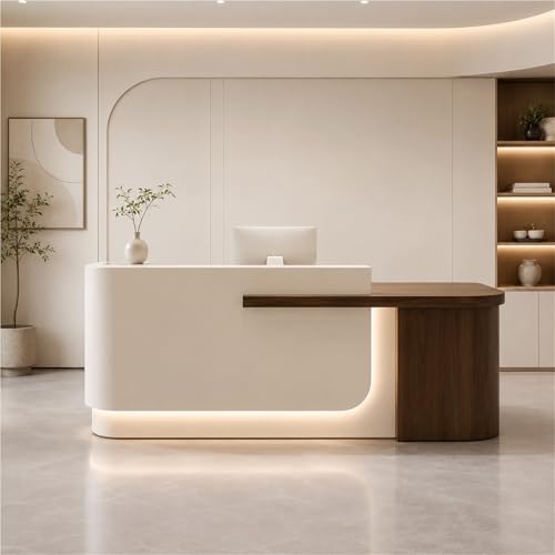 UKETO Empfangstheke Hochglanz Lackiert Empfangstresen Büro Schreibtisch Kassentheke Mit Stauraum L-Form Rezeptionstheke Für Büro Salon Praxis(Brown rirht 180cm/70.9)