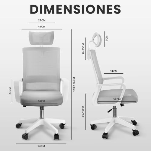 Miniatura 2 de Jupplies Silla Escritorio Ergonomica - Silla Oficina Ajustable Y Reclinable Con Soporte Lumbar, Reposacabezas Ajustable, Malla Transpirable, Ruedas Giratorias 360 Soporta Hasta 100kg Gris
