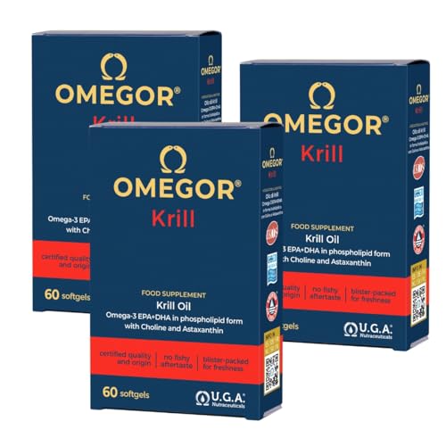Aceite de Krill Omega 3 IFOS Certificado   OMEGOR Krill Oil Omega3 EPA y DHA con Fosfolípidos, Colina y Astaxantina de Alta Biodisponibilidad   sin Sabor a Pescado (60 Cápsulas x 3)