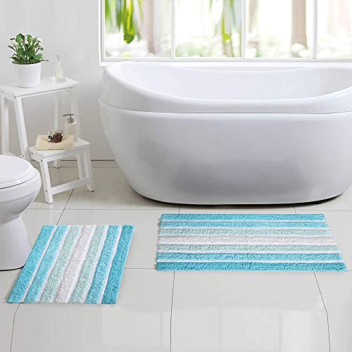 Ramanta Home 2-Piece Cotton Alpine Stripe Bath Rug Set - 100% Cotton Bath Mat Rug - 21x32/17x24 - Soft Absorbent Machine Washable - Aqua Turquoise - Image 3