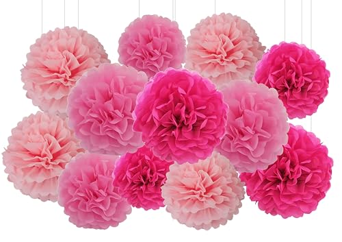 Image of XIKSXITN 12 pc Pink Tissue Paper Pom poms in 3 Colors-Hanging Paper Pom Poms Paper Flowers Ball for Party Decor