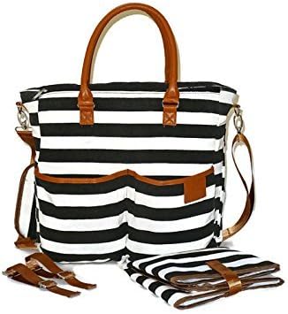 Designer Tote Diaper Bag for Girls and Boys with Baby Changing Pad Insert by Henry and Bear - B W Organizer