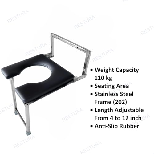 Image of Wall Mounted Commode Chair for Elderly & Patients | Portable Stainless Steel Support for Indian Toilet | Anti-Slip Lightweight Chair for Knee Pain, Pregnancy & Senior Citizens (Black)