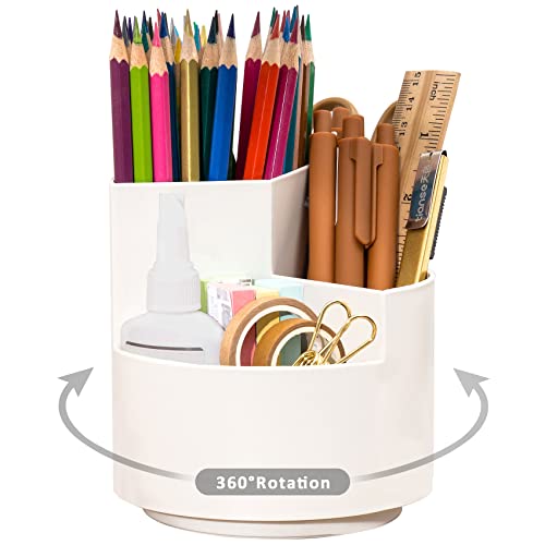 TIANSE Rotating Pen Holder, 3 Compartments Pen Pots Desk Pencils Organiser and Storage for Office and Home, White